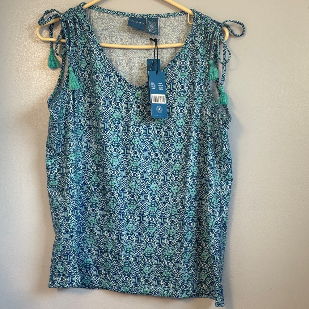 Caribbean Joe Blue & Teal Mosaic Tie-Shoulder Tank.  PTP 21 inches